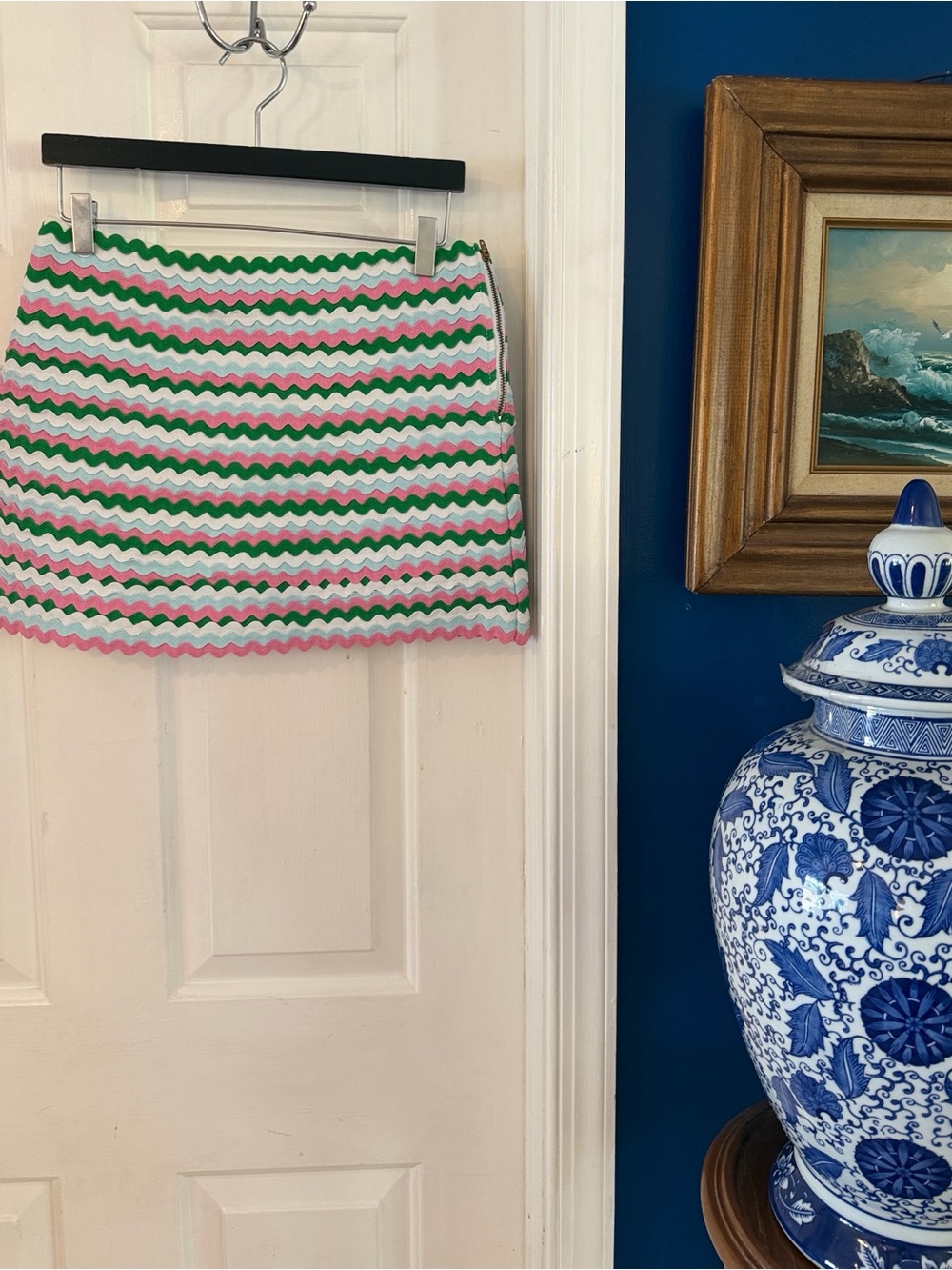 Women’s CJ Laing Green, Pink, and Blue Striped Rickrack Mini Skirt Size 2